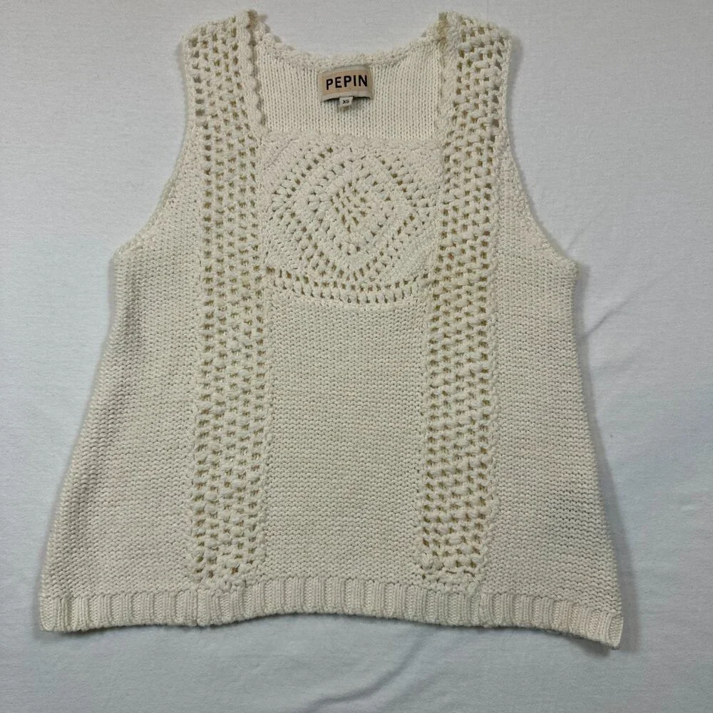 Anthropologie Pepin Women's XS Boho Crochet/Knit Sleeveless Top Ivory/Cream - Picture 2 of 8